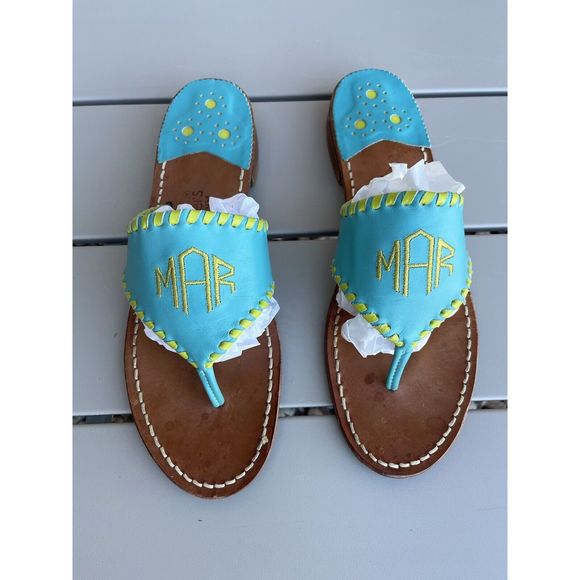Jack Rogers Shoes - Jack Rodgers leather “MAR” embroidered sandal - size 9 - teal/lime green